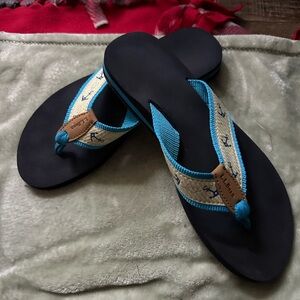 L.L. Bean Black Flip Sandals with Turquoise and Tan Anchor Straps